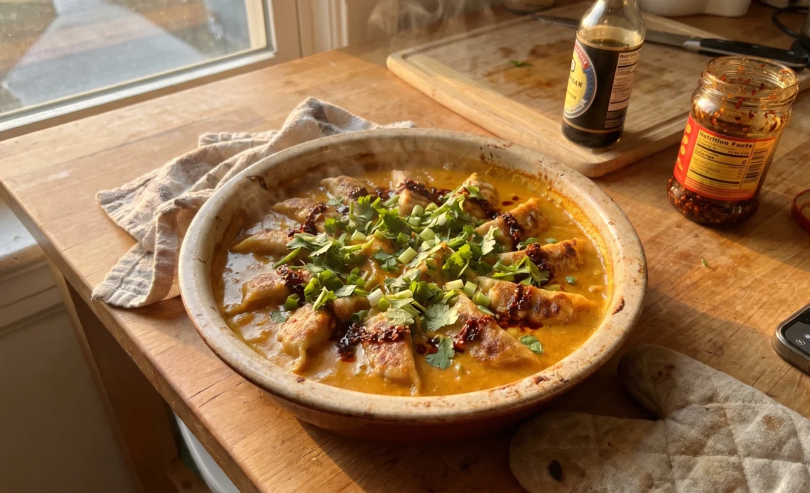 Coconut curry dumpling bake in a ceramic dish fresh out of the oven with cilantro and chili crisp on top